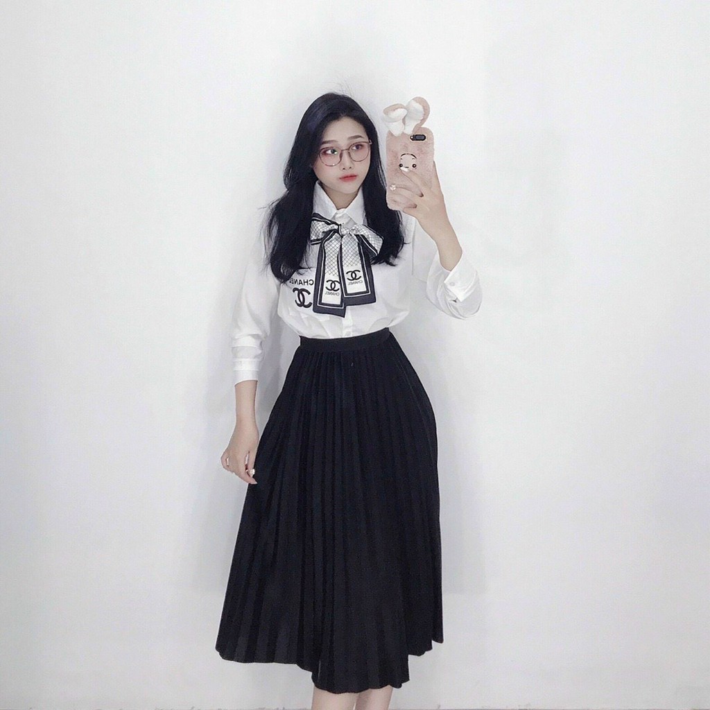 áo sơ mi đính nơ có túi xinh xắn tay dài