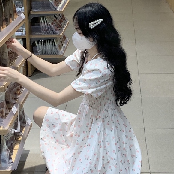 Đầm hoa MURIOKI tay phồng hở vai thanh lịch phong cách Hàn Quốc thời trang mùa hè mới 2022 cho nữ