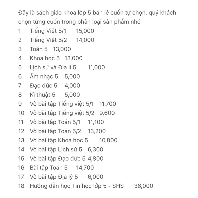 Sách giáo khoa lớp 5 lẻ cuốn tự chọn