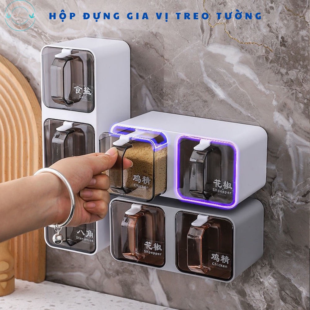 Bộ hộp đựng gia vị kèm thìa treo tường tiện lợi