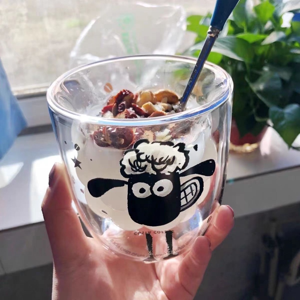 Cốc Thủy Tinh Dày Hai Lớp Chịu Nhiệt Độ Cao In Hình Cừu Dễ Thương Cho Nữ Sinh/Sinh Viên