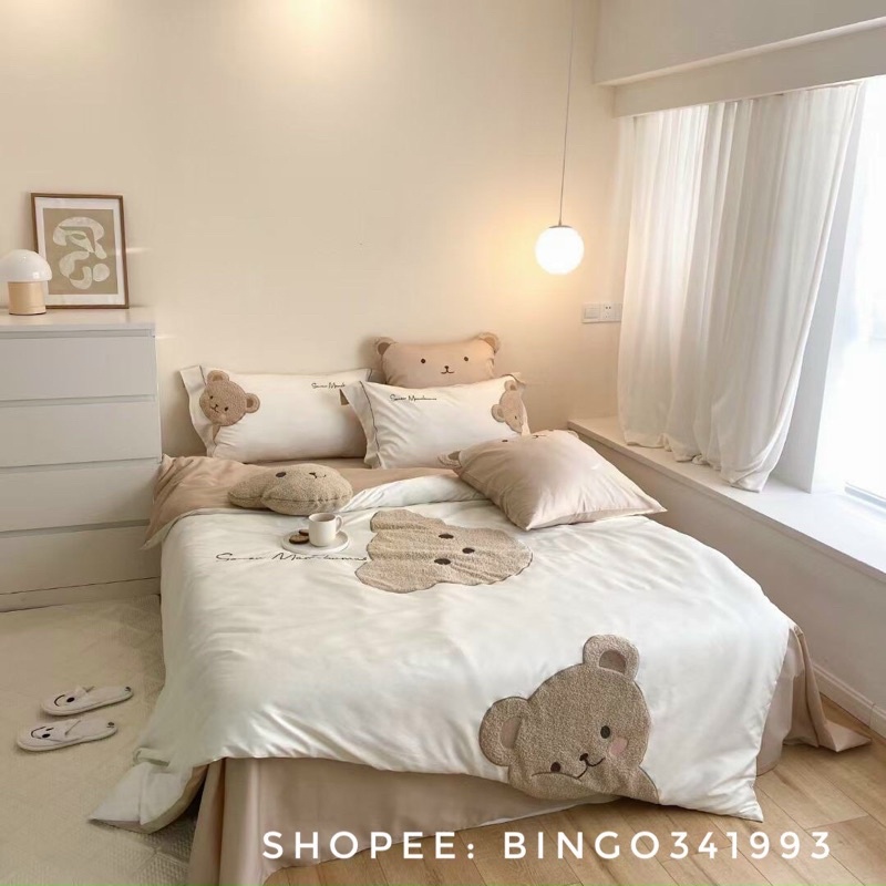 Chăn ga gấu BigBear 7 món chất liệu 100s cao cấp siêu mềm mại đáng yêu tặng gối gấu trang trí