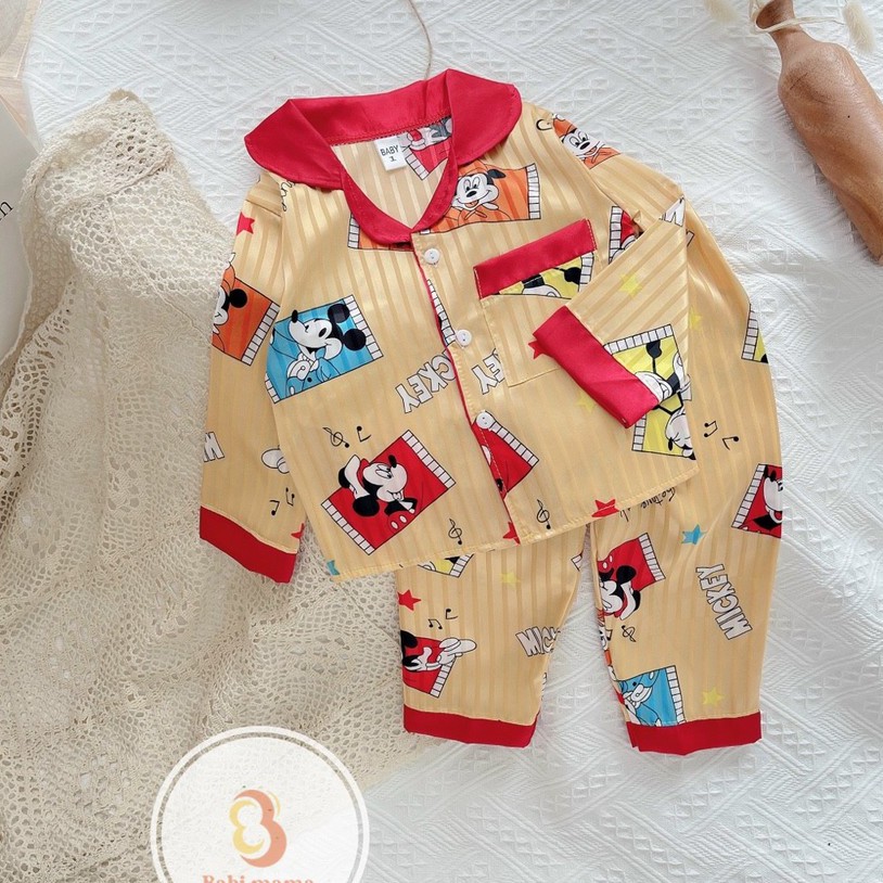 Set Quần Áo Trẻ Em Mặc Nhà Bộ Đồ Ngủ Pijama Lụa Gấm Dài Tay Bé Gái Size 10-24kg - BPN04 - Babi mama