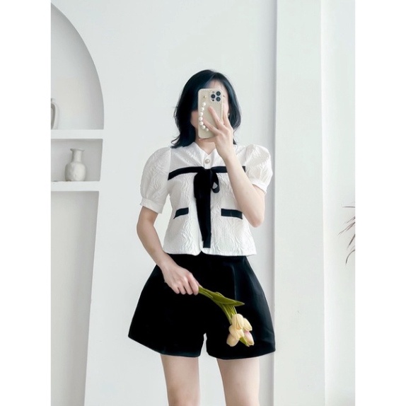 Áo cộc xốp phối nơ 2 màu siêu Hot_163 nội y xanh thiết kế thoáng mát