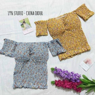 Áo Voan Bông Trễ Vai Cúp Ngực Tay Ngắn Phối Nhún Toàn Thân TTSLA0779