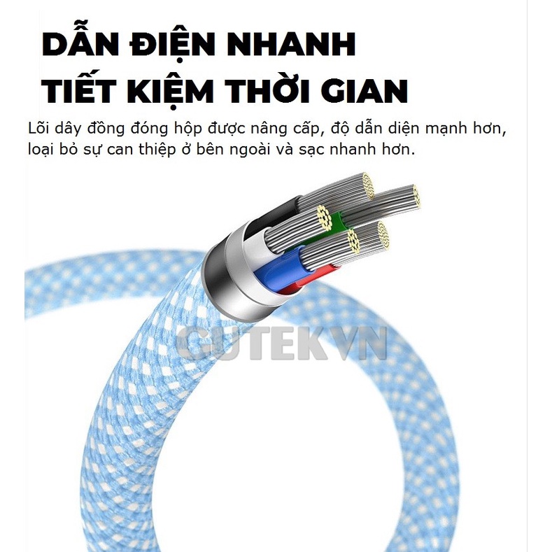 Dây sạc nhanh ip Gutek C8 bọc dù cho 6 7 8 plus xsmax 11 12 13 pro max