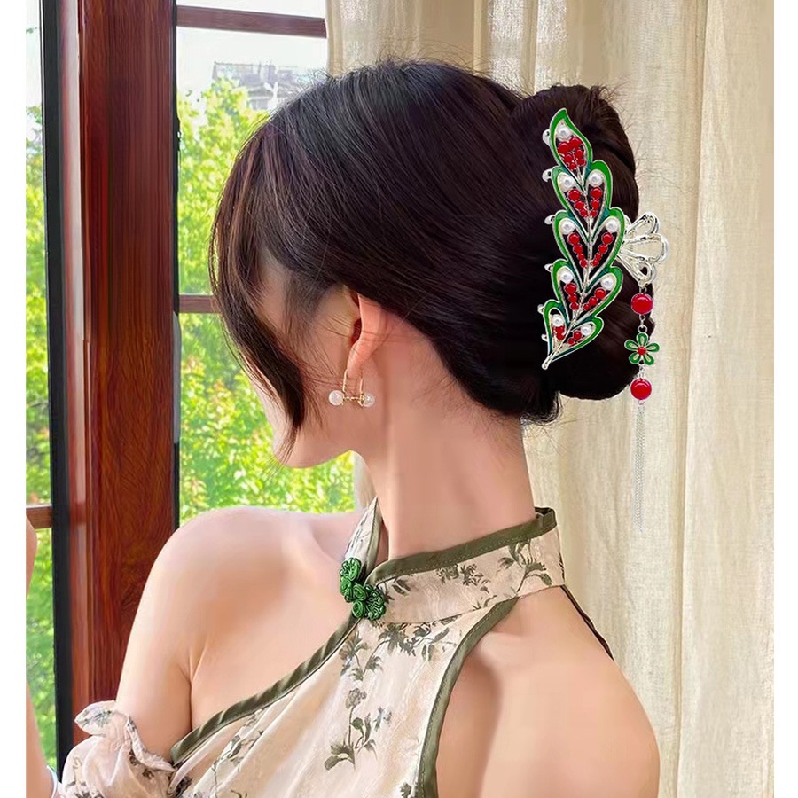 Giá Đỡ Kẹp Tóc Đuôi Ngựa Loại Lớn Đính Đá Pha Lê Tua Rua Cổ Điển Cho Nữ