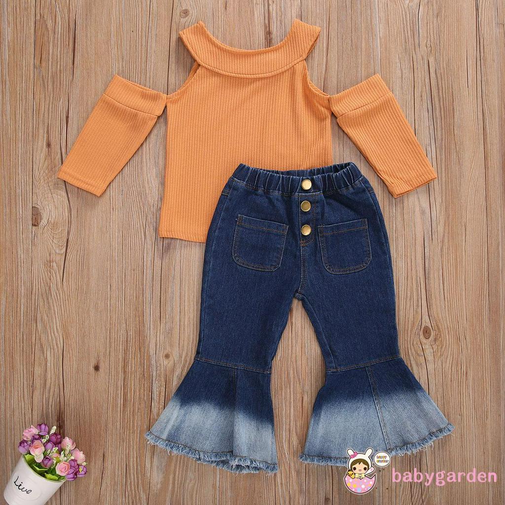 Set Áo Trễ Vai Và Quần Jeans Ống Loe Thời Trang Cho Bé Gái