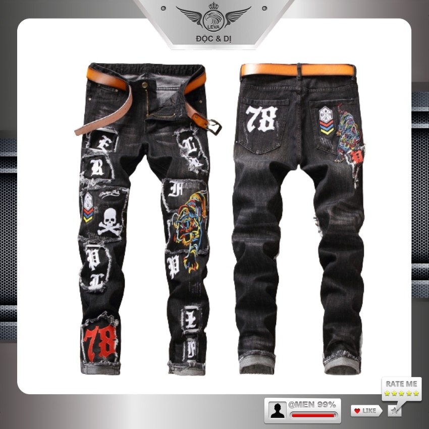 Quần jean nam đẹp rách xước độc lạ LEVANO chất liệu vải bò jeans không co giãn cao cấp thêu mặt hổ đầu nâu QJ011