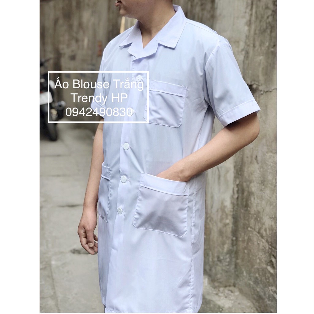 Áo choàng blouse trắng bác sĩ, dược sĩ nam dài tay, cộc tay Lon Nhật mát