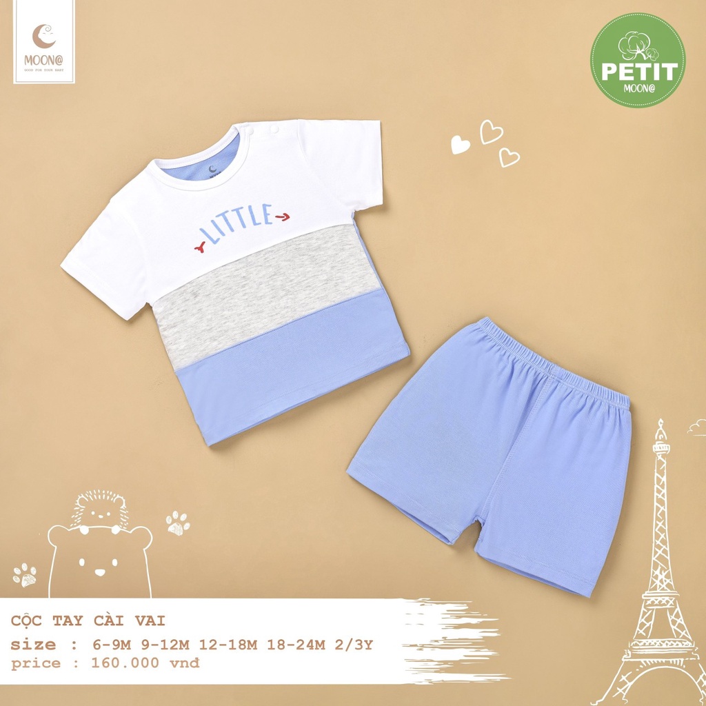[CHÍNH HÃNG] Bộ quần áo cộc tay cài vai petit phối kẻ họa tiết trẻ em Moon