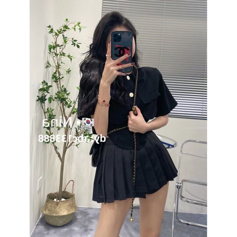 Hot!F &amp; X Set Áo Sơ Mi Phối Chân Váy Xếp Ly Eo Cao Thời Trang Mùa Hè Phong Cách Hàn Quốc Dành Cho Nữ