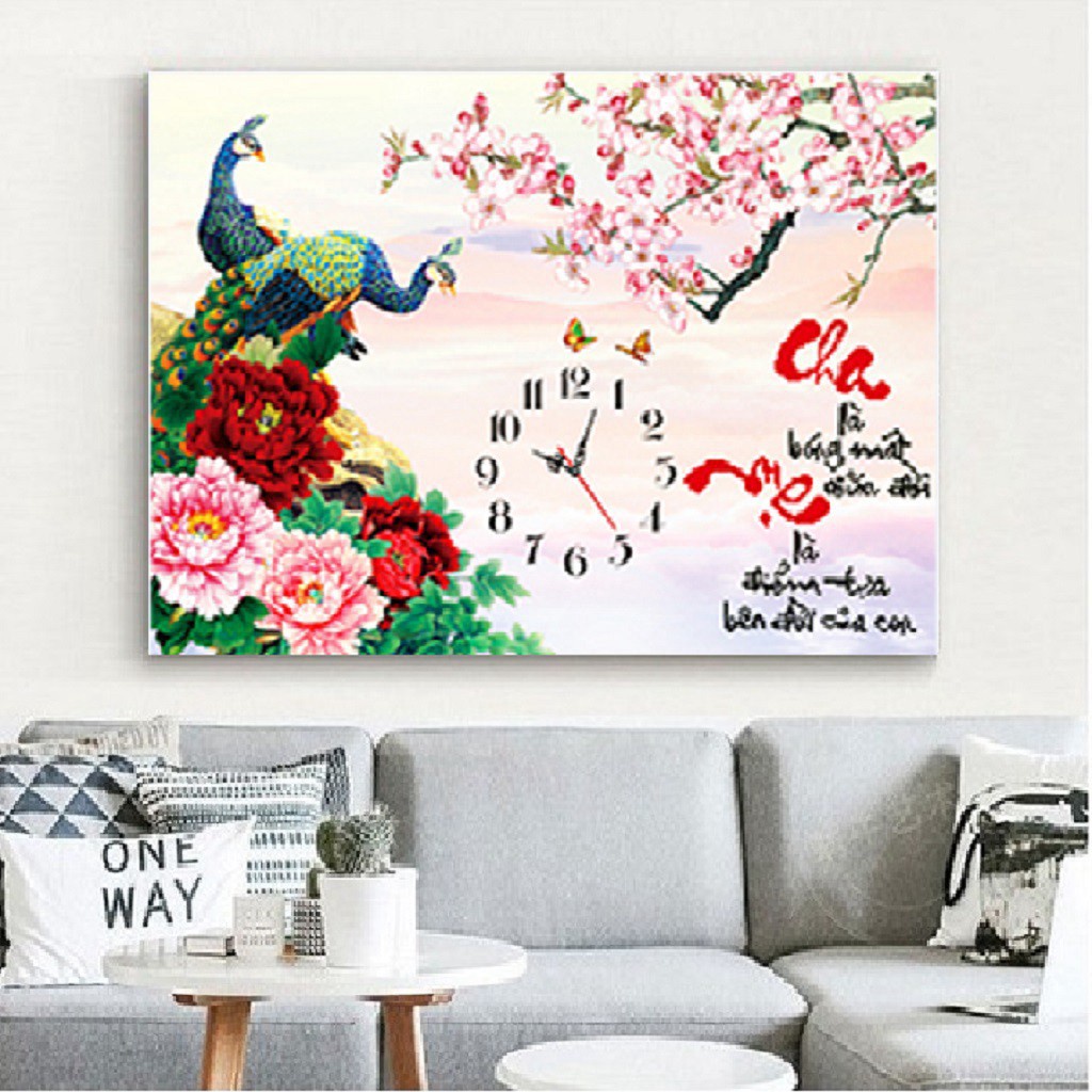 Tranh thêu chữ thập đồng hồ cha mẹ kt 48x36 cm/ Tranh đính đá kt 60x45 cm