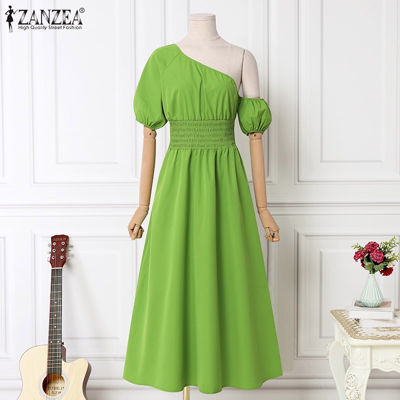 Đầm ZANZEA dáng chữ A hở vai tay ngắn eo cao đàn hồi phong cách Châu Âu thời trang dành cho nữ