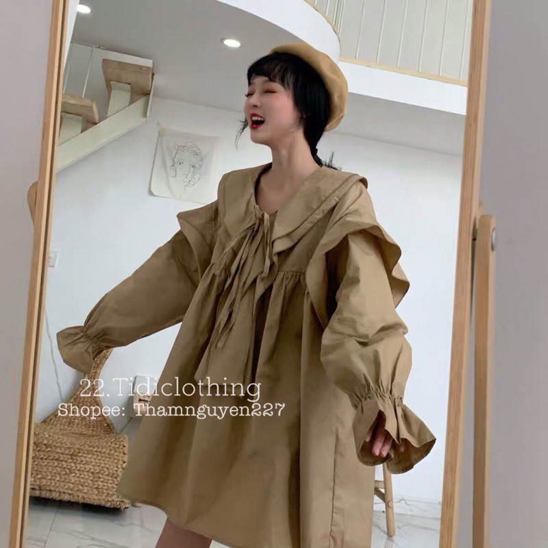 Đầm babydoll dễ thương Ulzzang, váy tay dài form rộng, đầm Oversize hai lớp chất đẹp