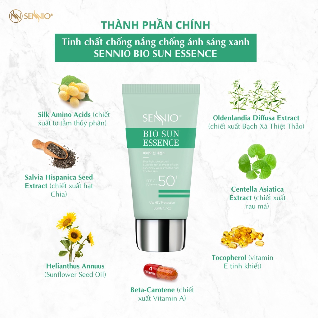 Kem chống nắng Sennio Bio Sun Essence dạng tinh chất dưỡng trắng da chống ánh sáng xanh 50ml SNO 825