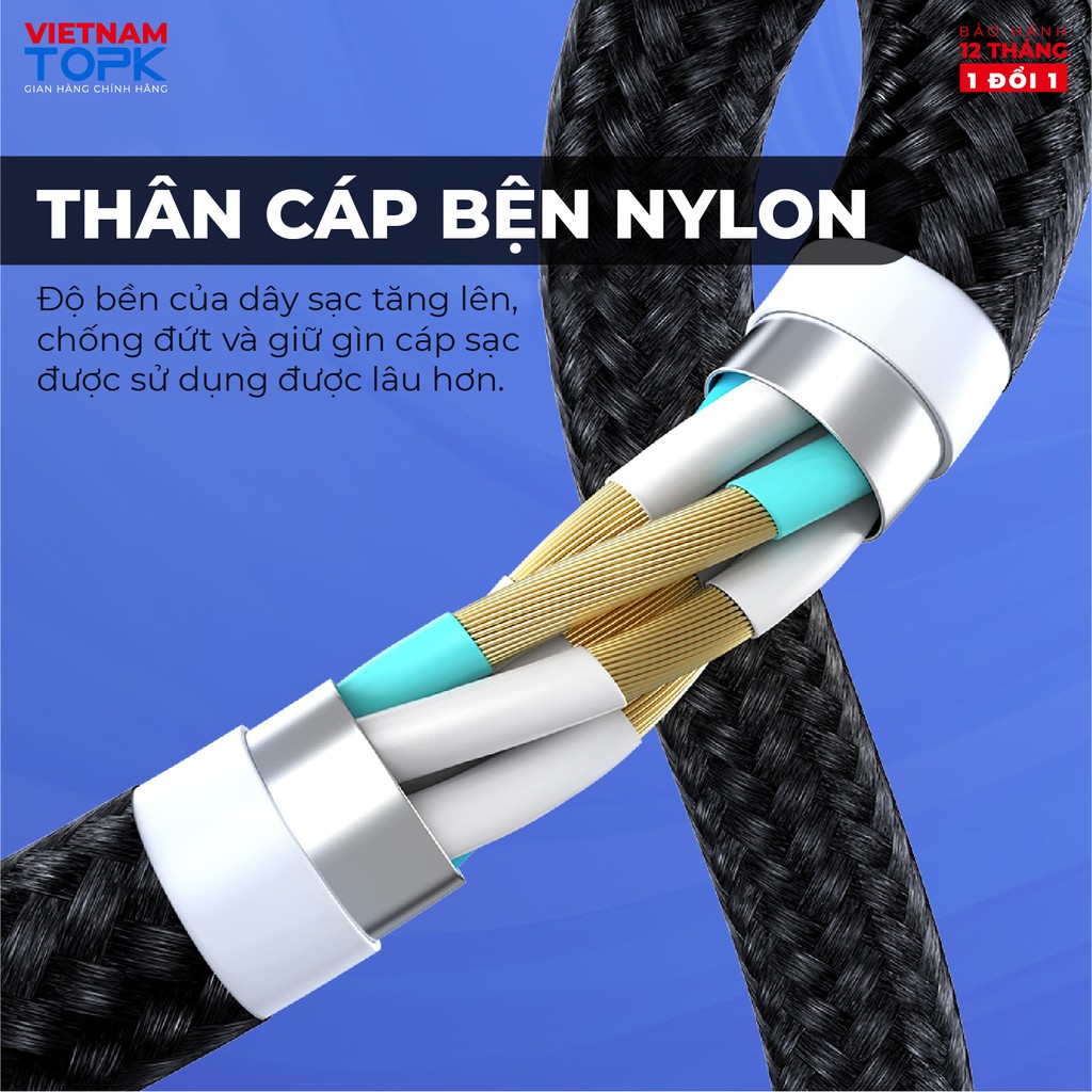 Dây sạc nam châm 3 đầu TOPK AM66 - Sạc nhanh QC 3.0 - Hàng bảo hành 12 tháng