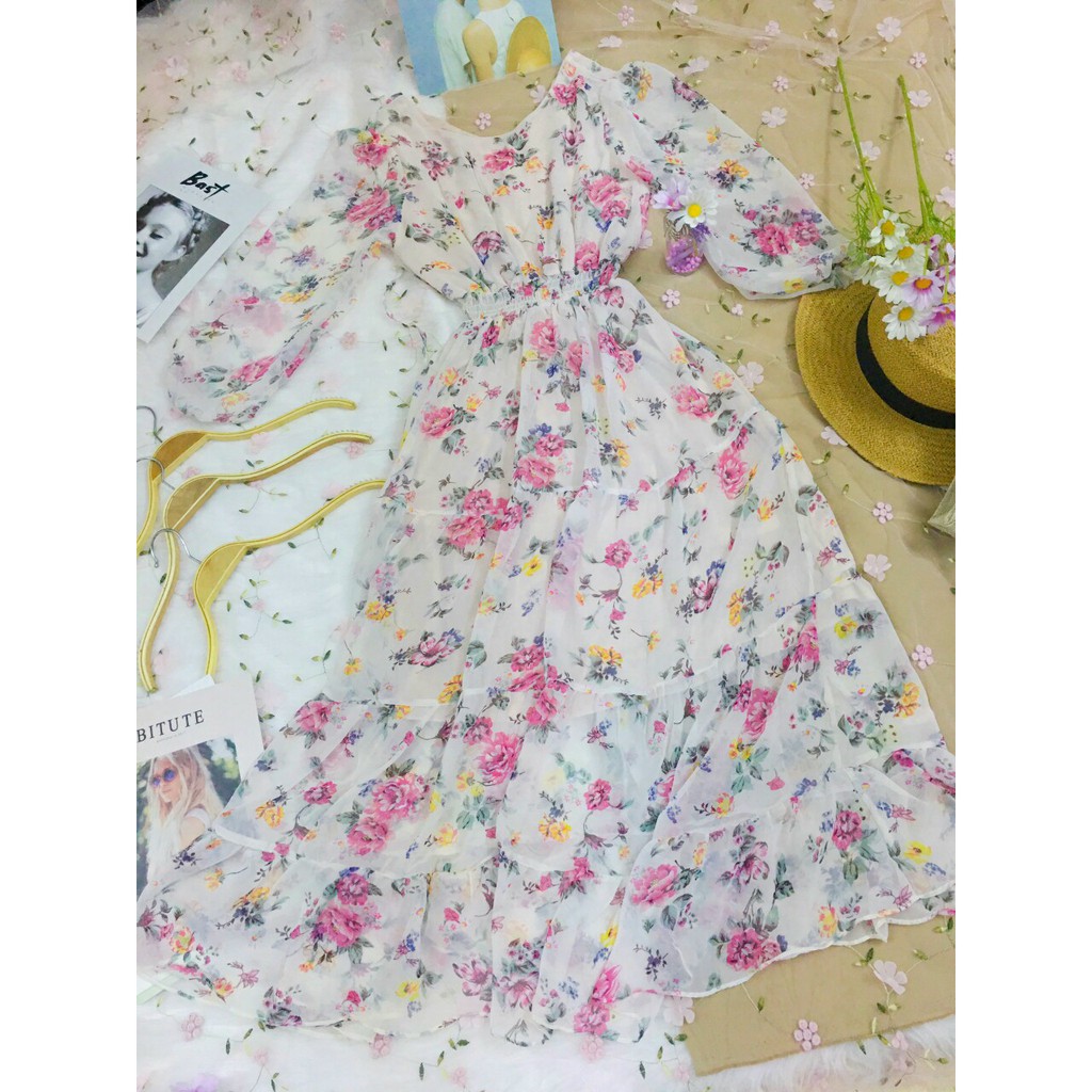 Đầm hoa maxi cổ tròn bóp eo tay dài dáng xòe | BigBuy360 - bigbuy360.vn