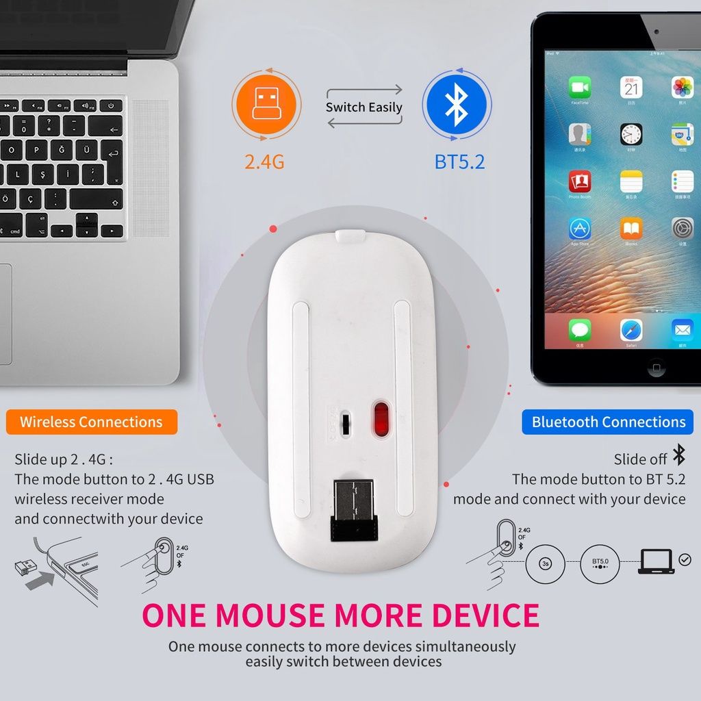 Chuột Không Dây Bluetooth 2.4G Hai Chế Độ DPI Cho PC Notebook