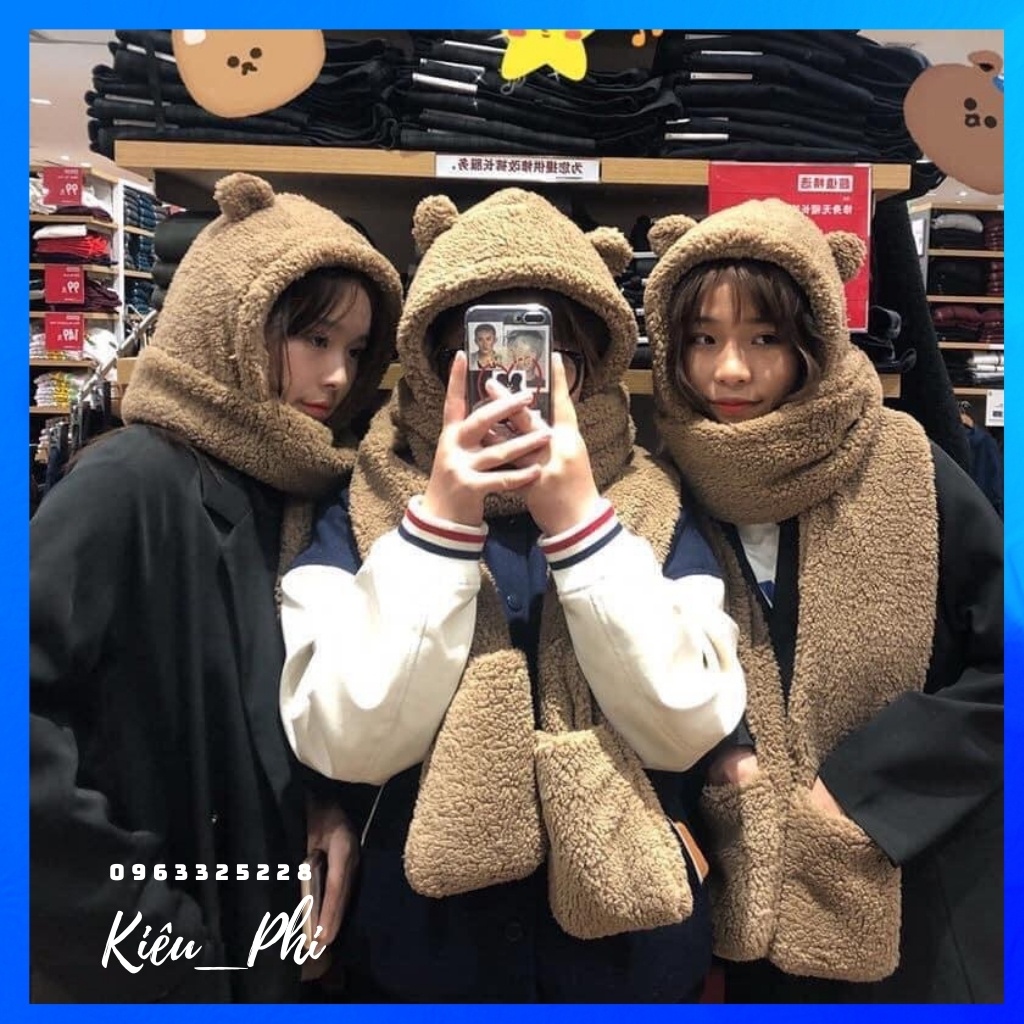 Mũ Len Lông cừu Tai Gấu Chụp đầu Giữ ấm Dễ thương Ulzzang Hàn Quốc - Khăn quàng cổ mùa đông dày dặn