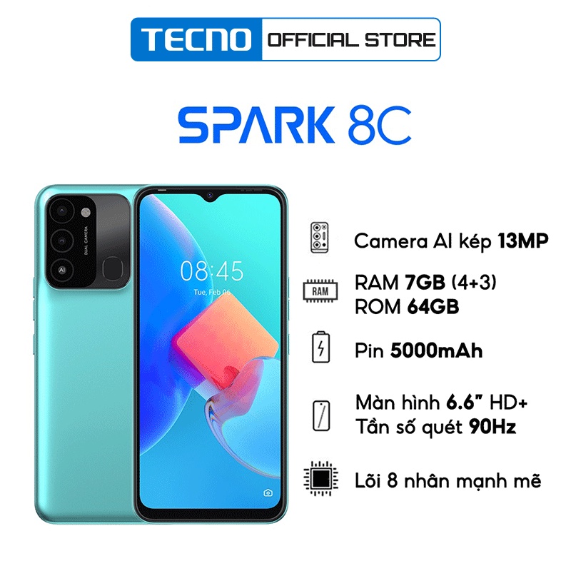 Điện thoại TECNO Spark 8C  - RAM tùy biến mở rộng tới 7GB | 5000 mAh| 6.6" HD+