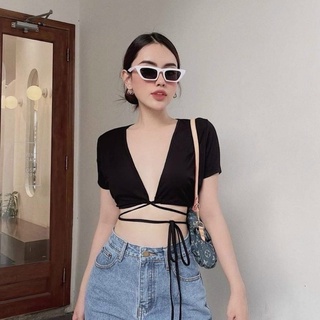Áo croptop đan dây eo khoét thân mặc 2 Kiểu cổ v hoặc hở lưng Tay Ngắn A90- 103 -2M FIORI STORE