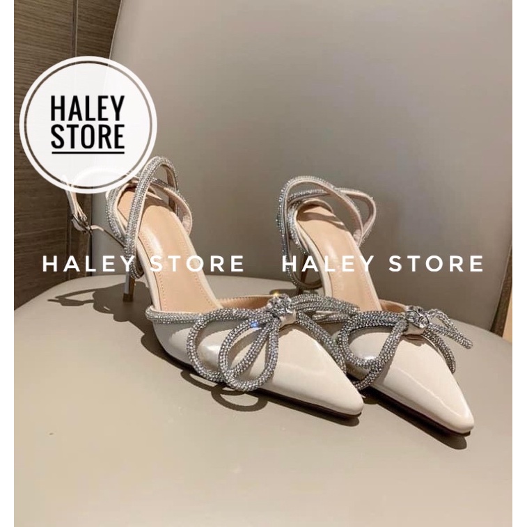 Giày sandal 9cm HALEY STORE bít mũi da lụa đính nơ xoàn đá phale quai trong suốt lấp lánh đi tiệc cô dâu ngày cưới đẹp