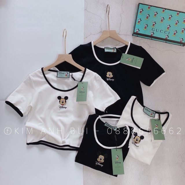 Áo croptop tay ngắn viền cổ phối micky