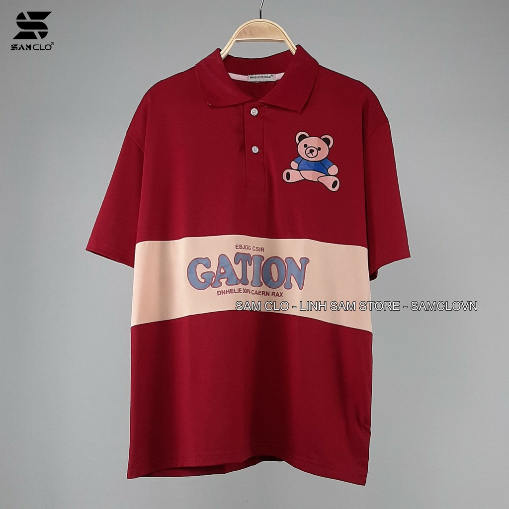 Áo thun Polo tay lỡ SAM CLO có cổ form rộng phông freesize dáng unisex mặc cặp, nhóm, lớp, đi học in hình CON GẤU