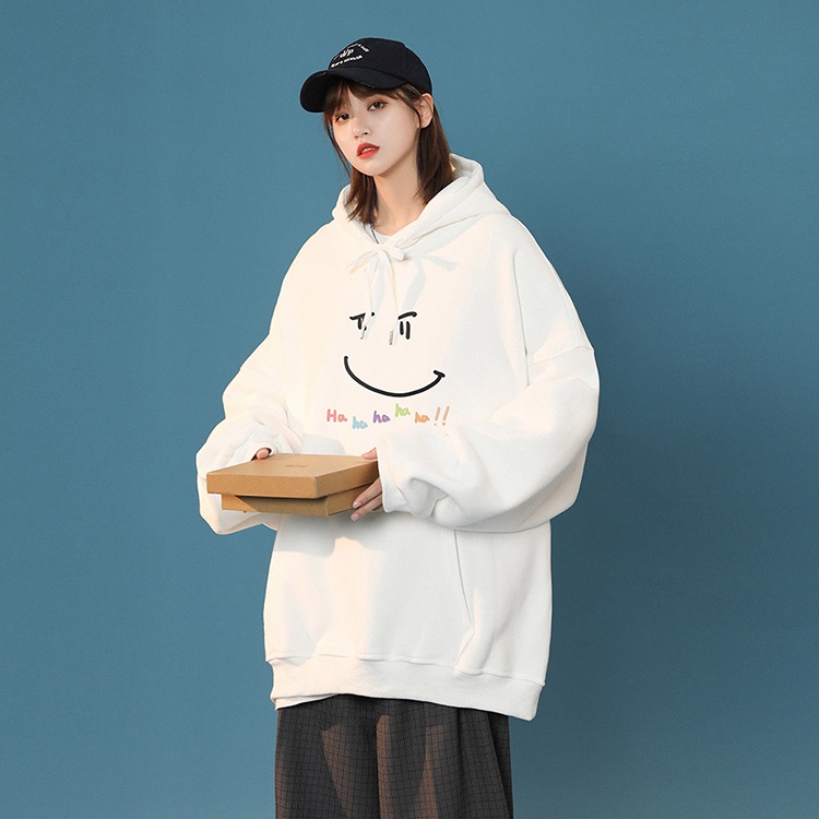 Áo Hoodie Dáng Rộng In Hình Mặt Cười Phong Cách Retro Cho Nữ