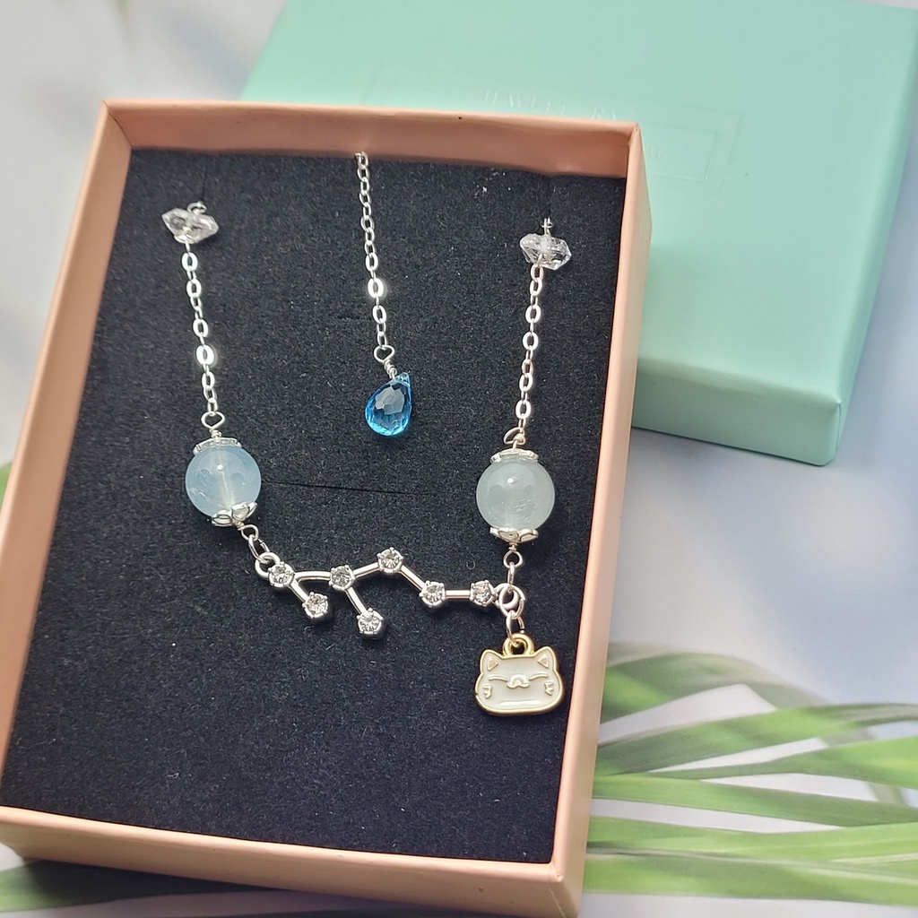 Vòng tay Aquamarine xích bạc charm cung hoàng đạo