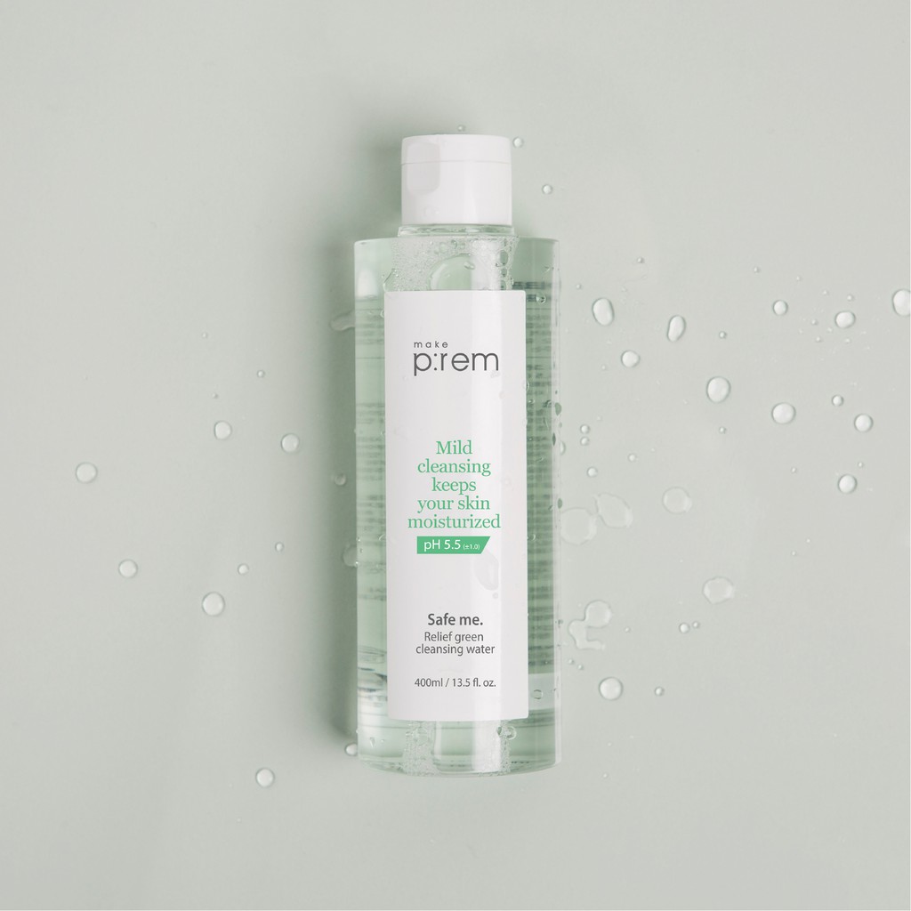 Tẩy trang dạng nước dịu nhẹ Make P:rem Safe me. Relief Green Cleansing Water