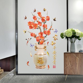 Decal dán tường Bình hoa đào đỏ 3D to nhất