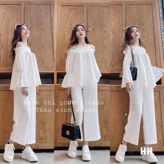 Set đũi trắng áo trễ vai mix quần sớ