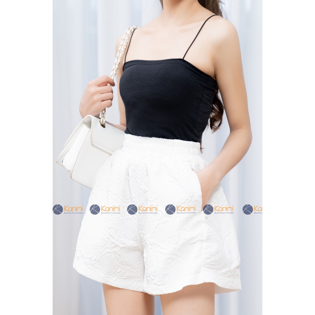 Quần short nữ ống rộng lưng cao cạp thun chun có túi in phồng hoa nổi - Quần đùi nữ mặc ở nhà đi ngủ thể thao đi biển