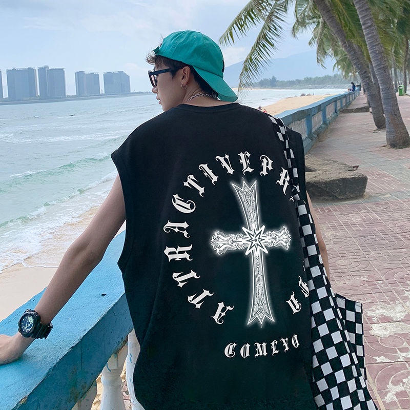 Áo Thun Sát Nách Dáng Rộng In Chữ Thập Phong Cách Hip Hop Thời Trang Đường Phố Cho Nam