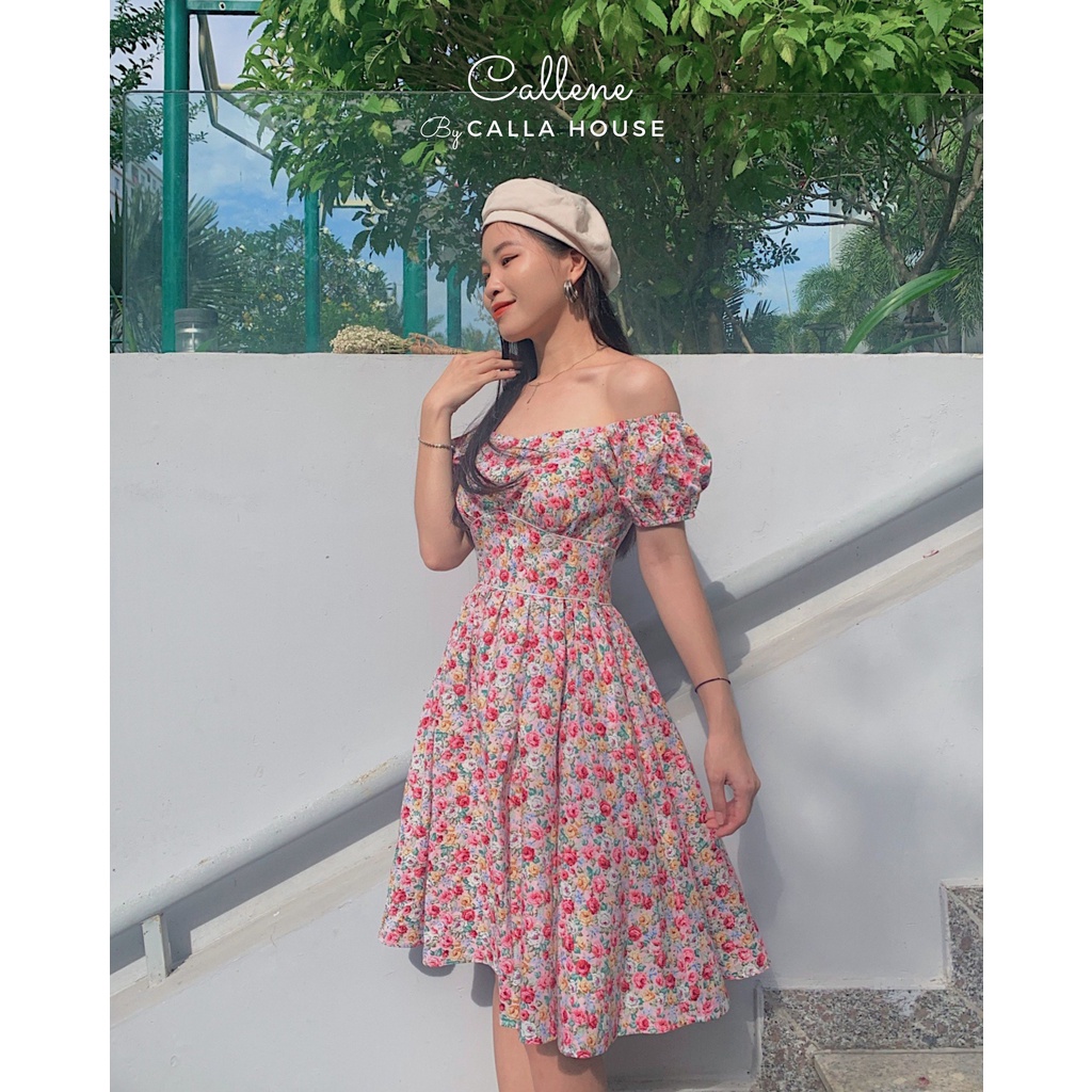 Đầm hoa nhí đỏ bẹt vai Callene (CC229)