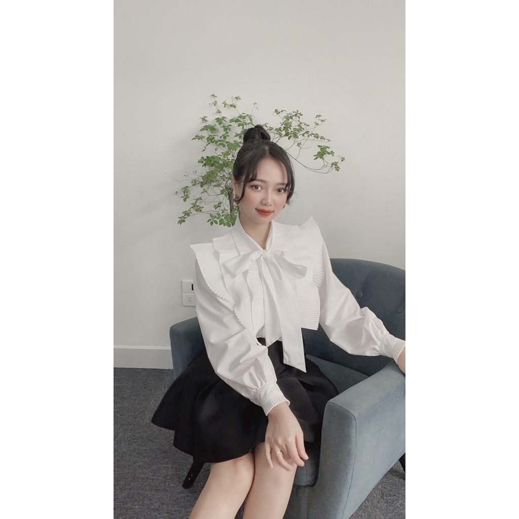 Áo sơ mi cotton lụa nữ HUONG BOUTIQUE HBSM853 cổ nơ, dập li ngực