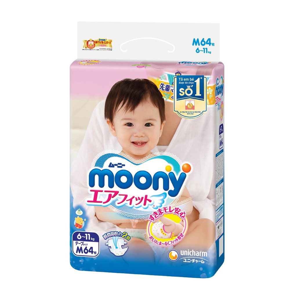 [TẶNG KÈM SÁCH SONG NGỮ CÓ NHẠC 300K] Combo 2 Bỉm Moony Nhập Khẩu tã dán M64,L54