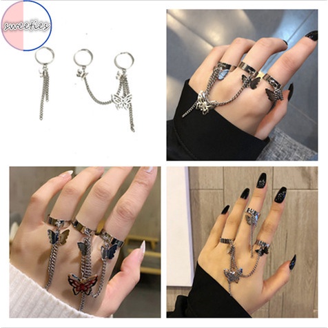 Bộ 2 Nhẫn Hở Hình Bướm Phối Dây Xích Phong Cách Punk Cổ Điển Thời Trang Cho Nữ