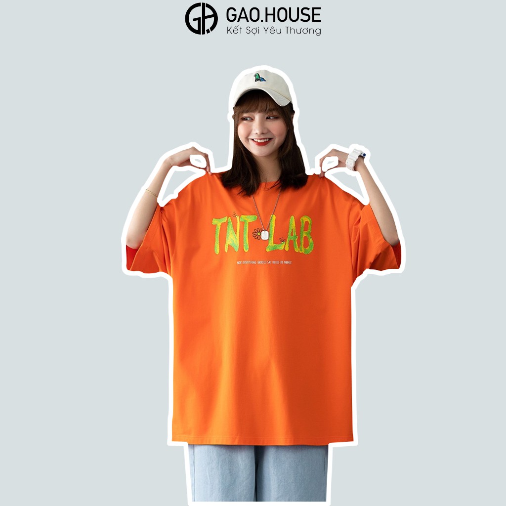 [Mã BMLT35] Áo thun nam nữ oversize Gạo House phong cách unisex form rộng tay ngắn, cổ tròn chữ TNT LaB màu cam [V214]