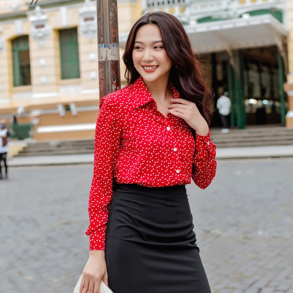 Áo sơ mi nữ họa tiết tim nhí - MIXMIX - Hàng thiết kế - Hình ảnh độc quyền shop tự chụp