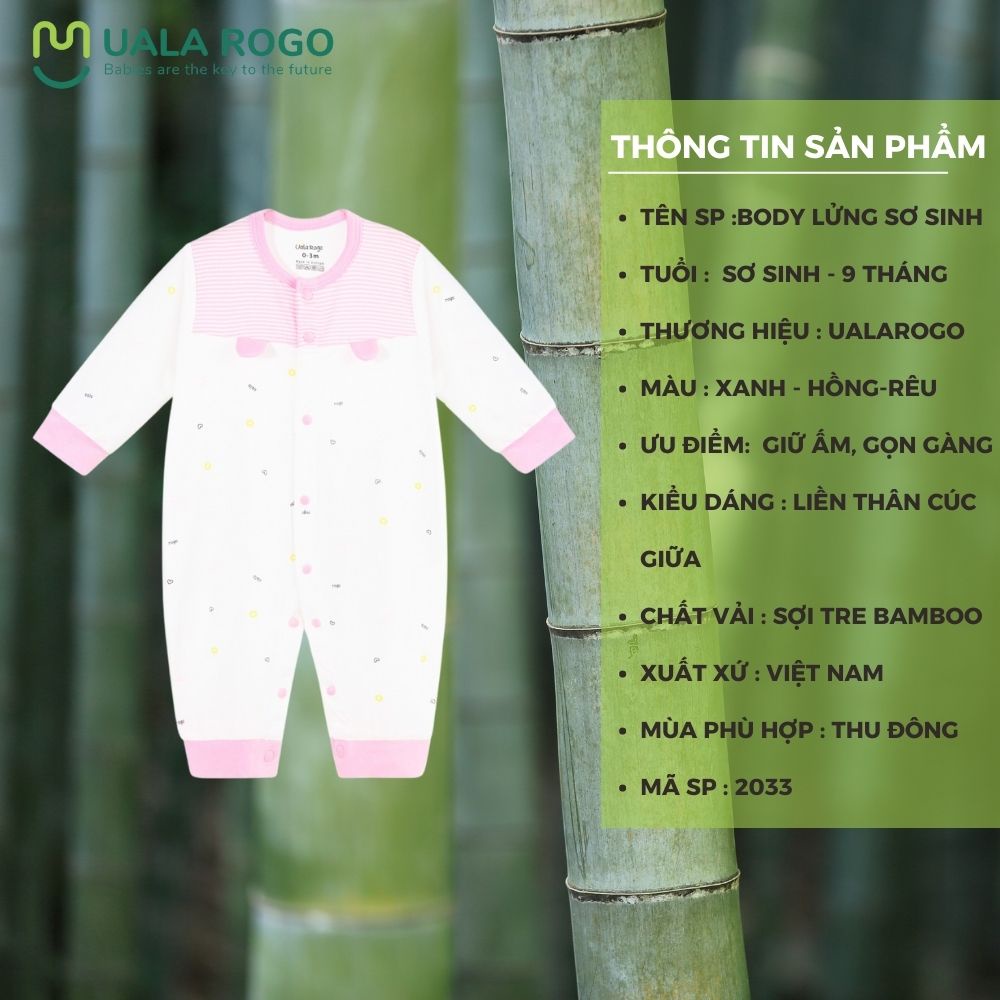 Bodysuit cho bé liền thân sơ sinh Uala rogo 0-9 tháng liền thân vải sợi tre Bamboo mềm co giãn cúc giữa 2033