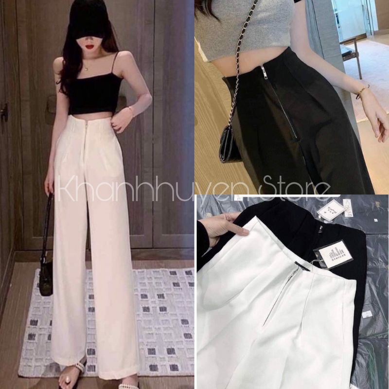 Quần ống rộng nữ lưng cáo khoá trước