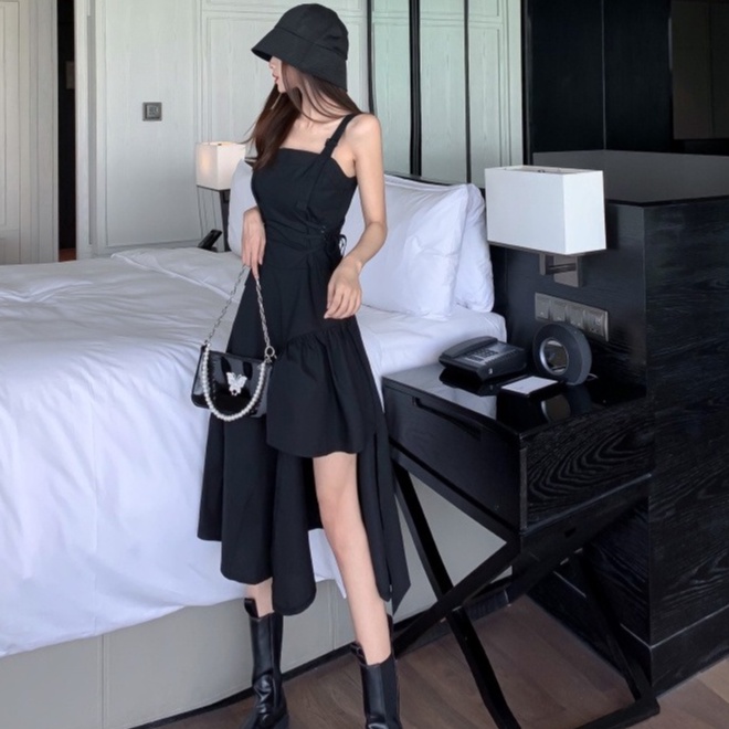 Happy-store ❤️ Váy nữ 02 dây đen ô zuê lệch tà dáng xòe đũi mềm sexy cá tính đi chơi đi dạo phố đi tiệc Thời Trang Phong