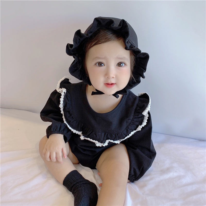 Bộ áo liền quần cổ ren dài tay màu trơn và mũ vải cotton phong cách công chúa thời trang mùa thu dành cho bé gái