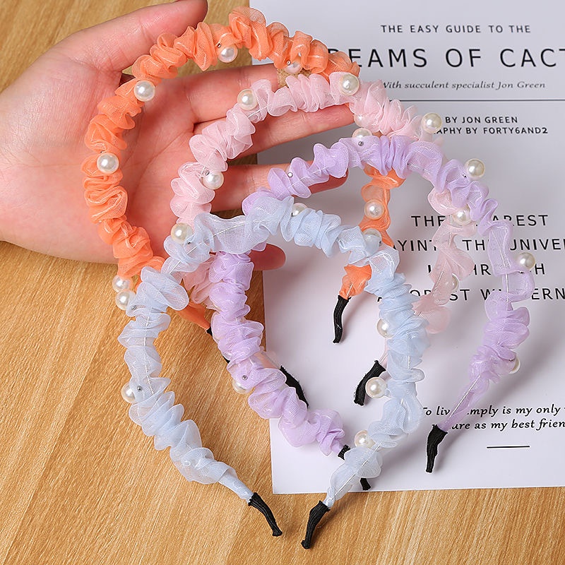 Băng Đô Chiffon Phối Ren Đính Ngọc Trai Dễ Thương Xinh Xắn