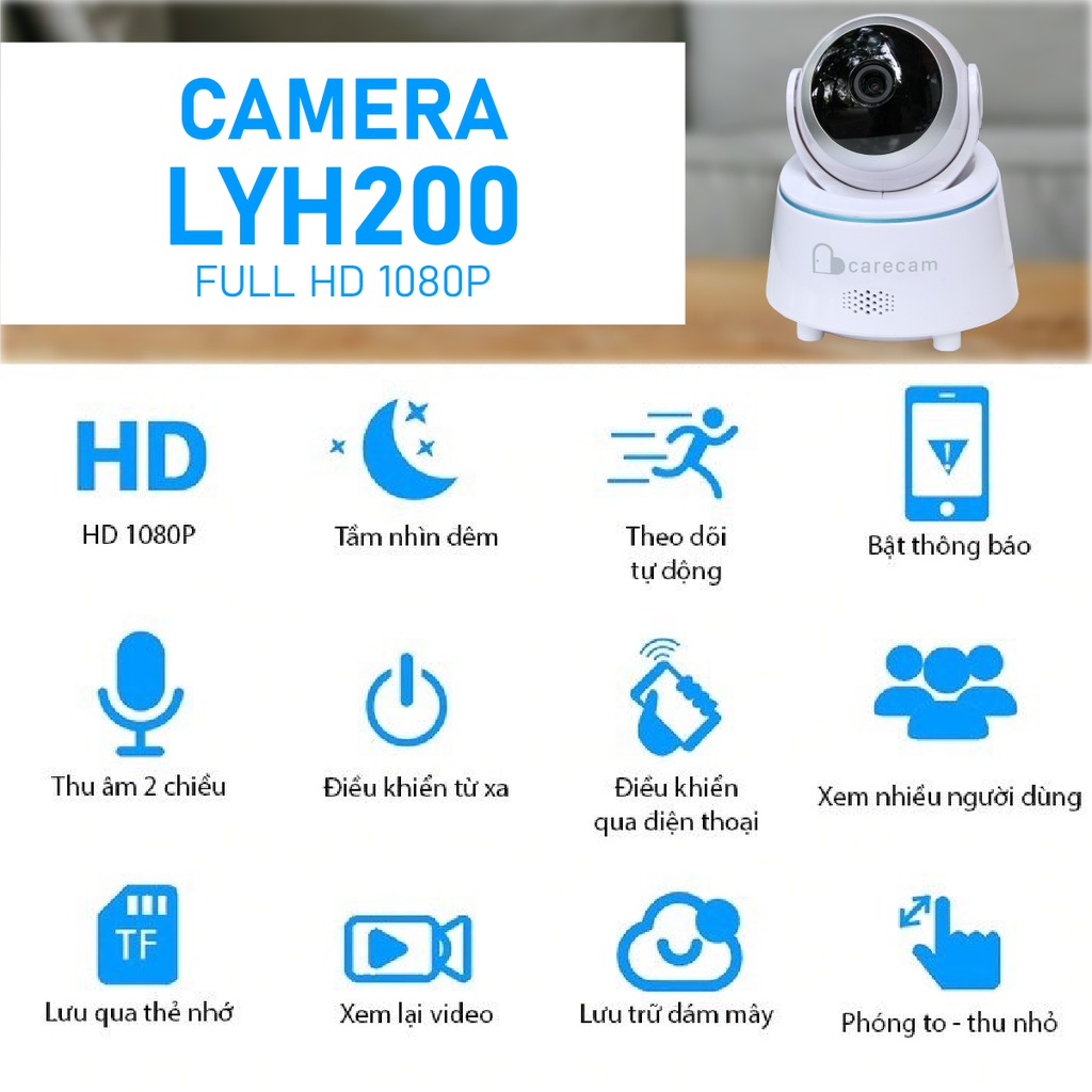 Camera wifi trong nhà Carecam LHY200-T 2.0MP Full HD 1080P, xoay 360 độ.