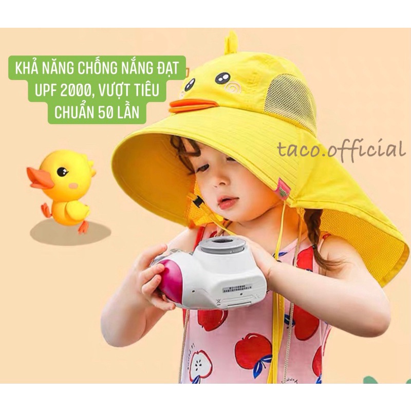 Mũ chống nắng vành rộng che gáy chống tia cực tím cho bé_ chất liệu vải thô lưới hai bên thoáng khí có dây đeo