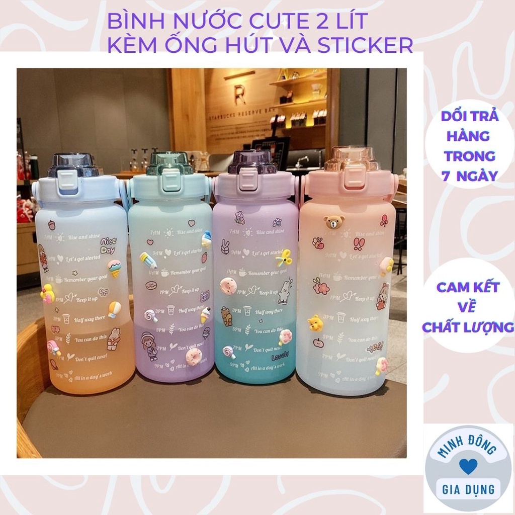Bình nước 2 lít dễ thương chia vạch báo giờ uống nước , Bình đựng nước 2 lít cute có vòi dành cho người tập thể thao